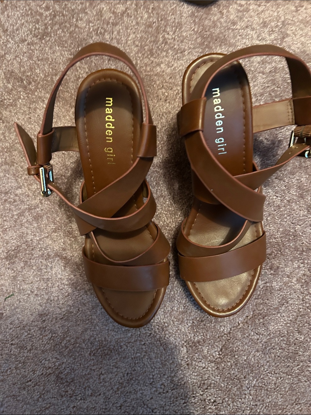 Madden Girl Brown Cross-Strap Block Heel Sandals